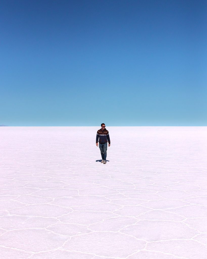 Lone person in Salar de Uyuni salt flats